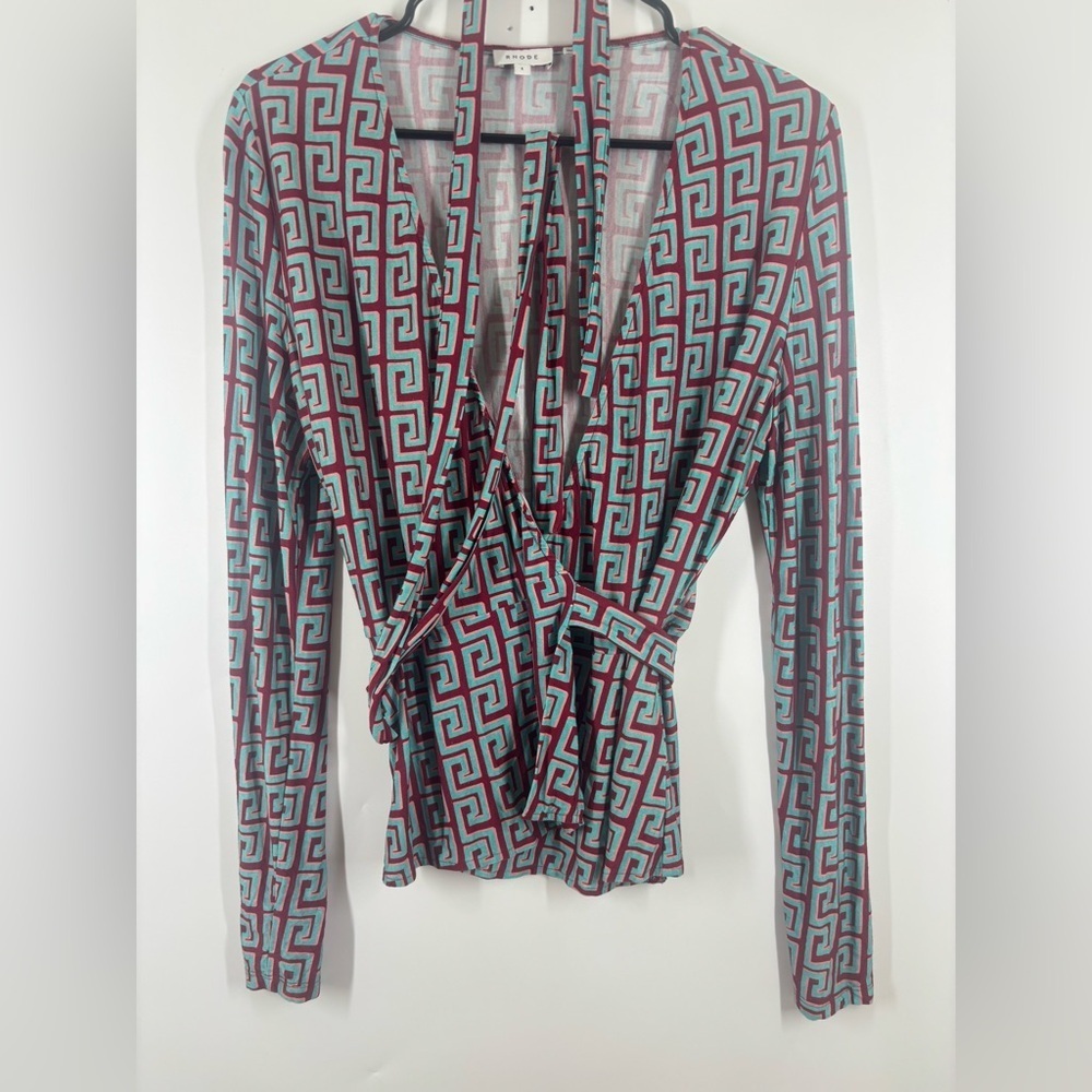 NWOT Rhode Geometric Wrap Top V-neck Blue‎ Pink Red Long Sleeve Small